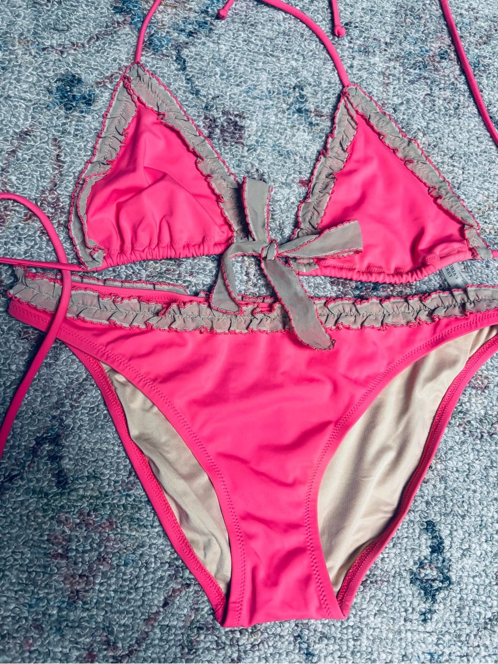 Vintage Y2K Victoria's Secret Bright Coral Bikini with Taupe Ruffle Trim